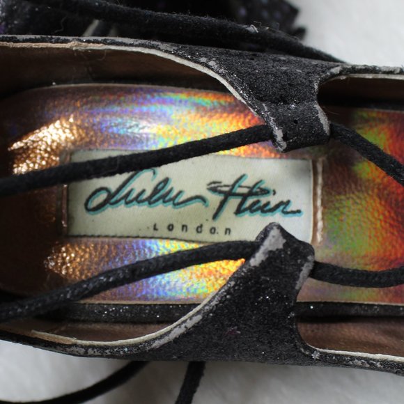 Lulu Hun Black Lace Up Sparkle Iridescent Star Block Heel Size 5 - Picture 10 of 15
